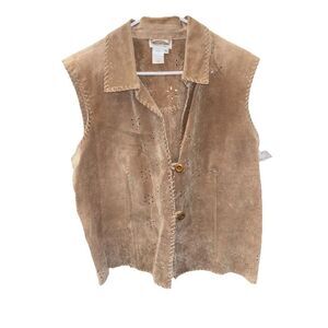 Coldwater Creek Tan Perforated Suede Leather Vest XL Buttons Sleeveless Collar